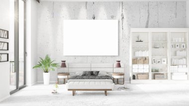 Şık modern loft iç boş çerçeve ve boşaltmak yatay düzenleme ile. 3D render.