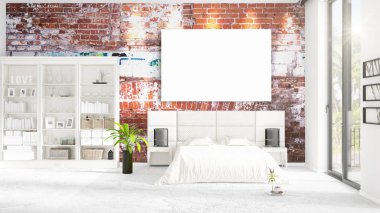 Şık modern loft iç boş çerçeve ve boşaltmak yatay düzenleme ile. 3D render.