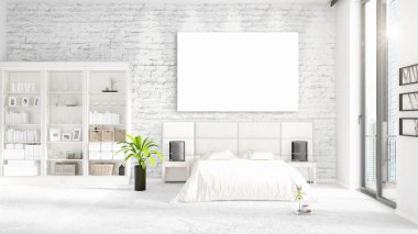 Şık modern loft iç boş çerçeve ve boşaltmak yatay düzenleme ile. 3D render.