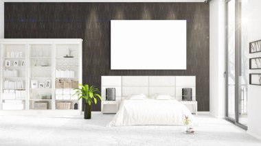 Şık modern loft iç boş çerçeve ve boşaltmak yatay düzenleme ile. 3D render.