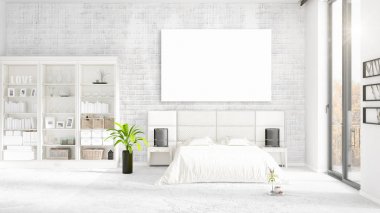 Şık modern loft iç boş çerçeve ve boşaltmak yatay düzenleme ile. 3D render.