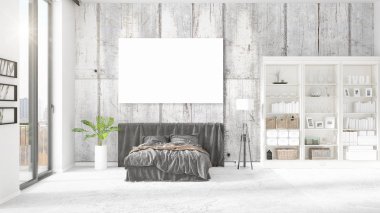 Şık modern loft iç boş çerçeve ve boşaltmak yatay düzenleme ile. 3D render.