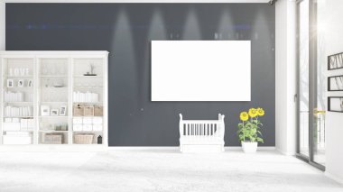 Şık modern loft iç boş çerçeve ve boşaltmak yatay düzenleme ile. 3D render.