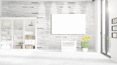 Şık modern loft iç boş çerçeve ve boşaltmak yatay düzenleme ile. 3D render.