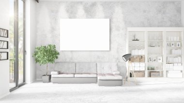 Şık modern loft iç boş çerçeve ve boşaltmak yatay düzenleme ile. 3D render.