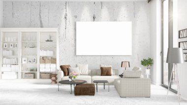 Şık modern loft iç boş çerçeve ve boşaltmak yatay düzenleme ile. 3D render.