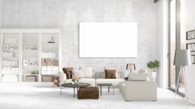 Şık modern loft iç boş çerçeve ve boşaltmak yatay düzenleme ile. 3D render.