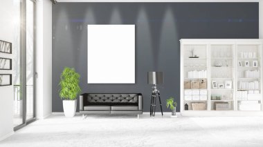 Şık modern loft iç boş çerçeve ve boşaltmak yatay düzenleme ile. 3D render.