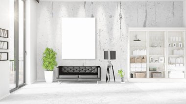 Şık modern loft iç boş çerçeve ve boşaltmak yatay düzenleme ile. 3D render.