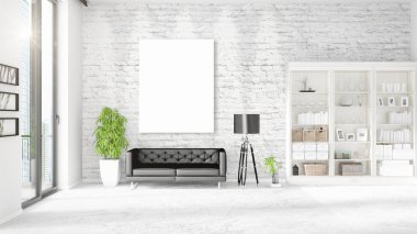 Şık modern loft iç boş çerçeve ve boşaltmak yatay düzenleme ile. 3D render.