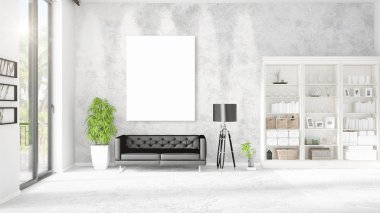 Şık modern loft iç boş çerçeve ve boşaltmak yatay düzenleme ile. 3D render.