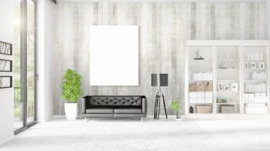 Şık modern loft iç boş çerçeve ve boşaltmak yatay düzenleme ile. 3D render.