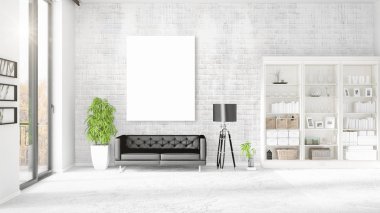 Şık modern loft iç boş çerçeve ve boşaltmak yatay düzenleme ile. 3D render.