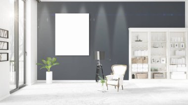 Şık modern loft iç boş çerçeve ve boşaltmak yatay düzenleme ile. 3D render.