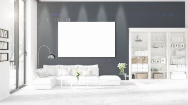 Panoramik iç beyaz deri kanepe, boş çerçeve ve yatay düzenleme boşaltmak. 3D render.