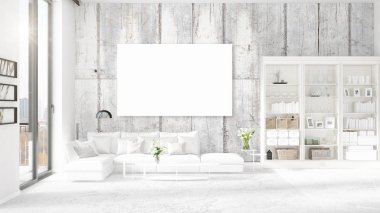 Panoramik iç beyaz deri kanepe, boş çerçeve ve yatay düzenleme boşaltmak. 3D render.