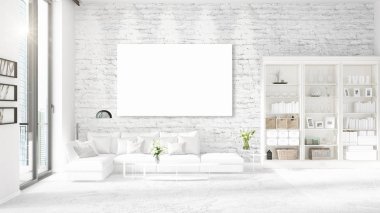 Panoramik iç beyaz deri kanepe, boş çerçeve ve yatay düzenleme boşaltmak. 3D render.