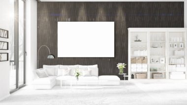 Panoramik iç beyaz deri kanepe, boş çerçeve ve yatay düzenleme boşaltmak. 3D render.