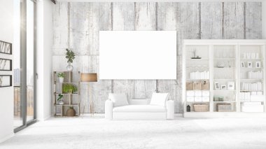 Panoramik iç beyaz deri kanepe, boş çerçeve ve yatay düzenleme boşaltmak. 3D render.