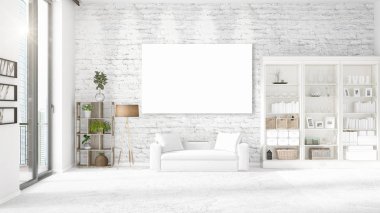 Panoramik iç beyaz deri kanepe, boş çerçeve ve yatay düzenleme boşaltmak. 3D render.