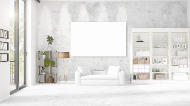 Panoramik iç beyaz deri kanepe, boş çerçeve ve yatay düzenleme boşaltmak. 3D render.