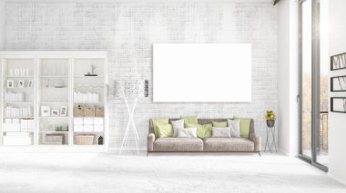 Şık modern loft iç boş çerçeve ve boşaltmak yatay düzenleme ile. 3D render.