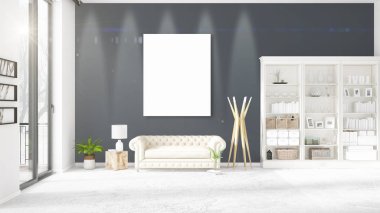 Şık modern loft iç boş çerçeve ve boşaltmak yatay düzenleme ile. 3D render.