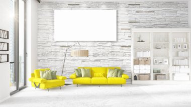 Modern iç moda sarı kanepe, dikey boş çerçeve ve yatay düzenleme boşaltmak. 3D render.