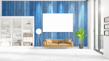 Şık modern loft iç boş çerçeve ve boşaltmak yatay düzenleme ile. 3D render.