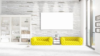Modern iç moda sarı kanepe, dikey boş çerçeve ve yatay düzenleme boşaltmak. 3D render.