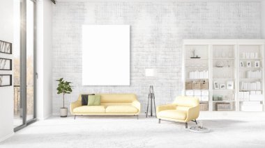 Şık modern loft iç boş çerçeve ve boşaltmak yatay düzenleme ile. 3D render.