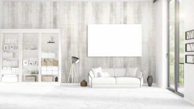 Panoramik iç beyaz deri kanepe, boş çerçeve ve yatay düzenleme boşaltmak. 3D render.