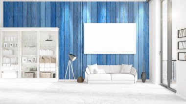 Panoramik iç beyaz deri kanepe, boş çerçeve ve yatay düzenleme boşaltmak. 3D render.