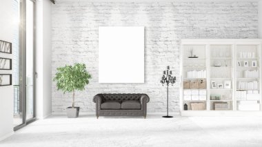 Modern çatı iç dikey boş çerçeve ve boşaltmak yatay düzenleme ile panoramik görünümünde. 3D render.