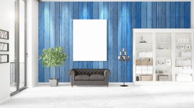 Modern çatı iç dikey boş çerçeve ve boşaltmak yatay düzenleme ile panoramik görünümünde. 3D render.