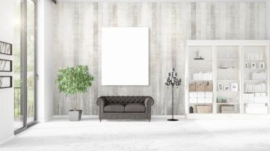 Modern çatı iç dikey boş çerçeve ve boşaltmak yatay düzenleme ile panoramik görünümünde. 3D render.