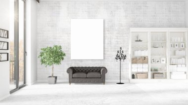 Modern çatı iç dikey boş çerçeve ve boşaltmak yatay düzenleme ile panoramik görünümünde. 3D render.