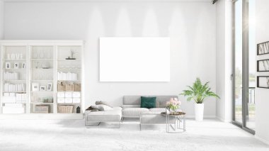 Şık modern loft iç boş çerçeve ve boşaltmak yatay düzenleme ile. 3D render.