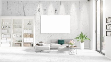 Şık modern loft iç boş çerçeve ve boşaltmak yatay düzenleme ile. 3D render.