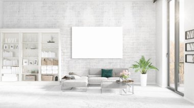 Şık modern loft iç boş çerçeve ve boşaltmak yatay düzenleme ile. 3D render.