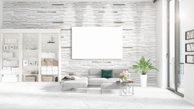 Şık modern loft iç boş çerçeve ve boşaltmak yatay düzenleme ile. 3D render.