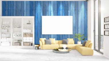 İç görünüm, lüks sarı ev mobilyası, boş çerçeve ve yatay düzenleme boşaltmak. 3D render.