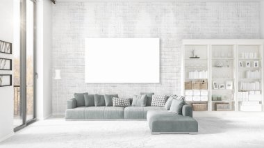 Panoramik çatı iç peluş divan, boş çerçeve ve yatay düzenleme boşaltmak. 3D render.