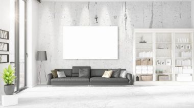 Panoramik, siyah deri Osmanlı ve boş çerçeve, boşaltmak yatay düzenleme ile iç. 3D render.