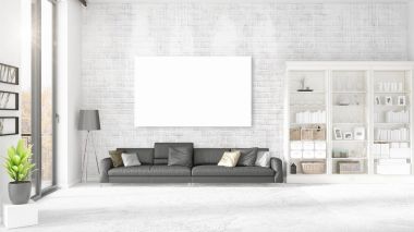 Panoramik, siyah deri Osmanlı ve boş çerçeve, boşaltmak yatay düzenleme ile iç. 3D render.