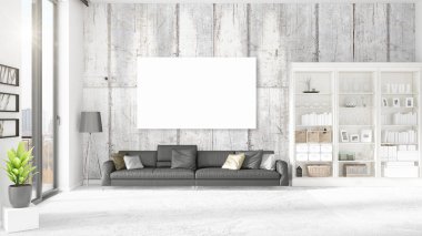 Panoramik, siyah deri Osmanlı ve boş çerçeve, boşaltmak yatay düzenleme ile iç. 3D render.