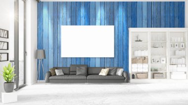 Panoramik, siyah deri Osmanlı ve boş çerçeve, boşaltmak yatay düzenleme ile iç. 3D render.