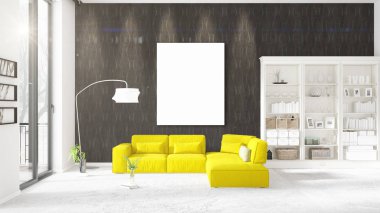 Modern iç moda sarı kanepe, dikey boş çerçeve ve yatay düzenleme boşaltmak. 3D render.