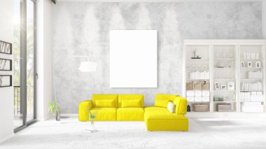 Modern iç moda sarı kanepe, dikey boş çerçeve ve yatay düzenleme boşaltmak. 3D render.