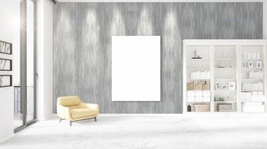 Modern iç dikey boş çerçeve, boşaltmak, yatay düzenleme güzel panoramik manzarası ile. 3D render